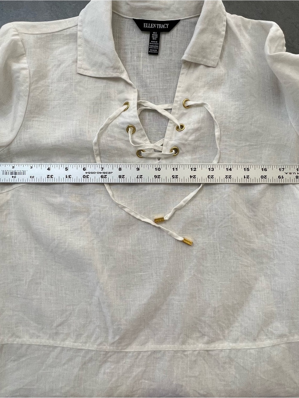 Ellen Tracy White 100 Linen Lace Up V Neck Collared Blouse Top Womens Size Small - Picture 10 of 11